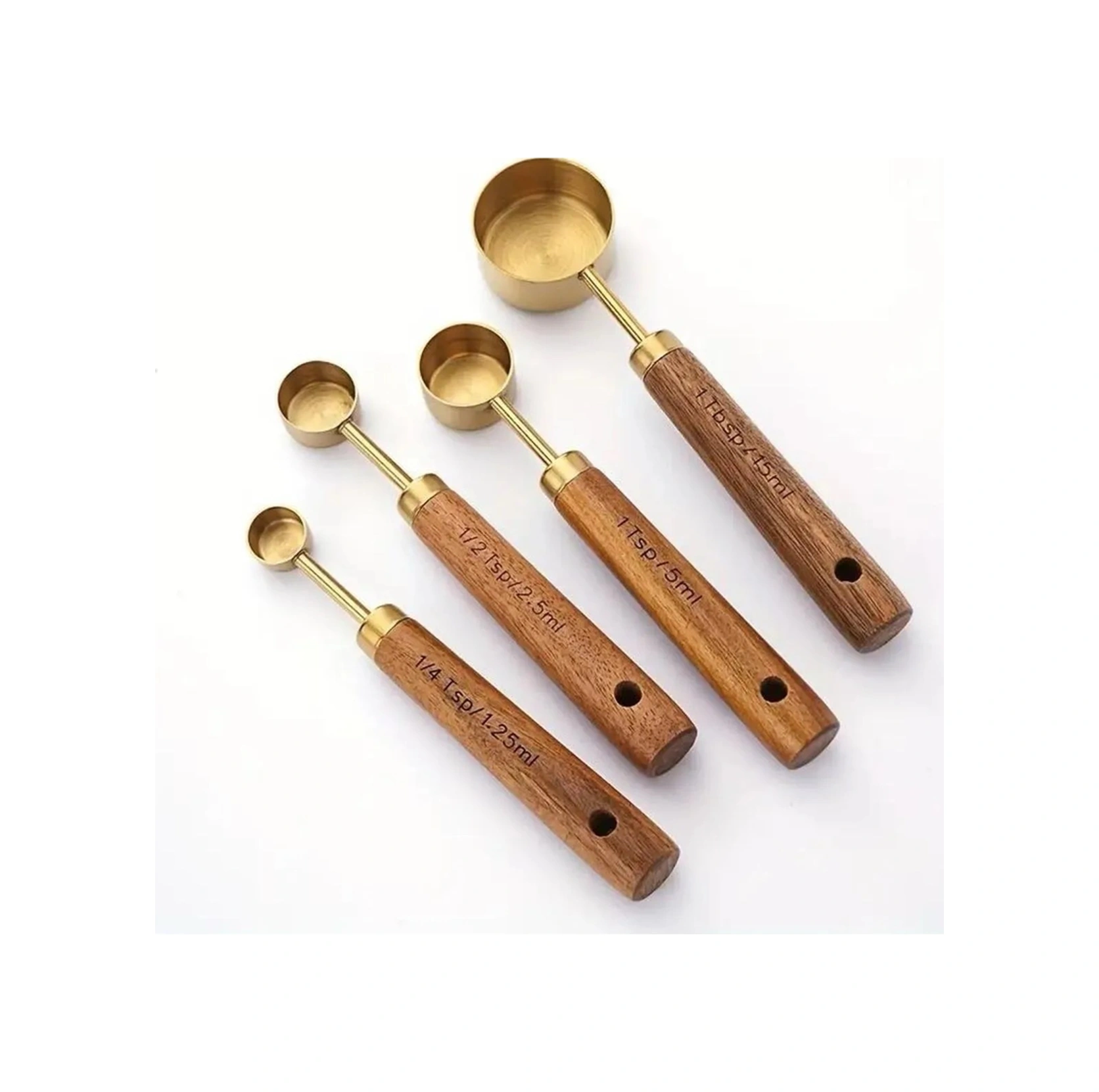 Mucit Home 4 Adet Gold Paslanmaz Çelik Ahşap Saplı Ölçü Kaşığı Seti Ölçü Kabı Gold
