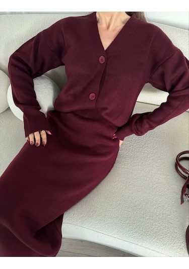V Yaka 3 Düğmeli Hırka Takım Triko İkili Etekli - Bordo Bordo
