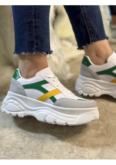 Günlük Kadın Sneaker Kalın Yüksek Taban Bağcıklı Rahat Tiger Şeritli Spor Ayakkabı 032 09-taş Yeşil Sarı