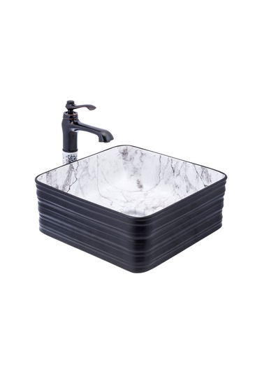 İsaoğlu Yapı Siyah Çanak Lavabo Mermer Desen Seramik Lavabo Banyo Çanak Kare 40x40 Armatür Hariçtir Siyah