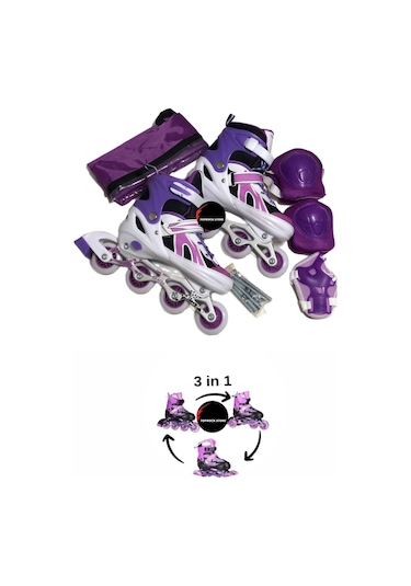 Işıklı Çocuk Pateni Silikon Ayarlanabilir Teker Metal Gövde Numaralı Ve Koruma Seti Mor