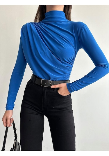 Kadın Büzgü Detaylı Dik Yaka Sandy Bluz Saks