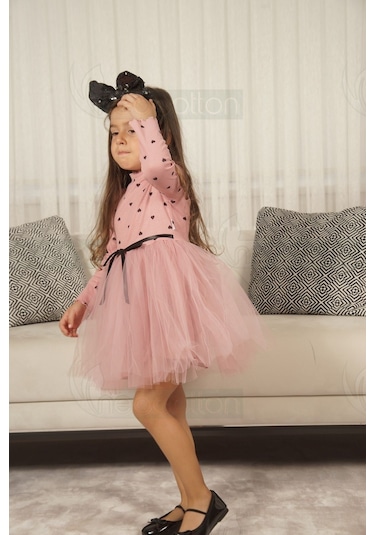 Kız Bebek-çocuk Uzun Kollu Doğum Günü Ve Özel Günler İçin Kalpli Tüllü Astarlı Elbise Gül Kurusu Gülkurusu