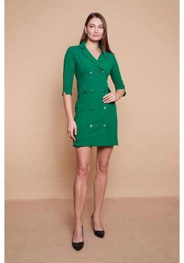 Yakalı Sırt Dekolteli Anvelop Likralı Kumaş Düğmeli Ceket Elbise -b.yeşil B.yeşili