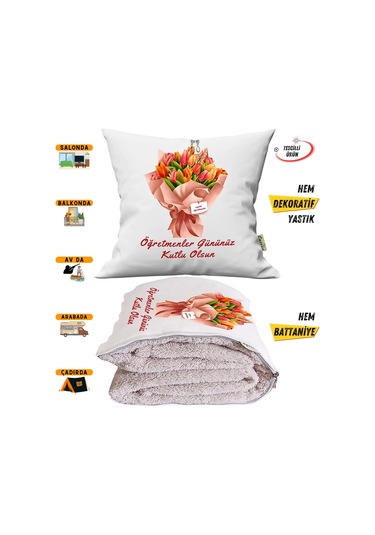 Öğretmenler Günü Hediyesi Buket Tv Battaniyeli Opsiyonel Dekoratif Yastık Kırlent 2in1 Battaniye Çok Renkli