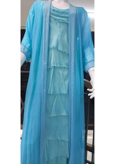 Italyan 2 Beden İnce Gösteren Kat Kat Kolsuz Ipek Elbise-8769 Açık Turkuaz