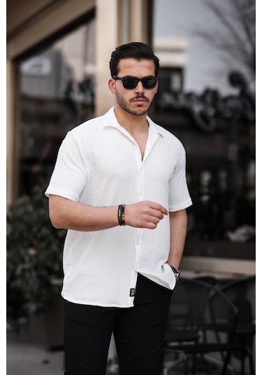 Tex Republic Erkek Beyaz Oversize Yazlık Bürümcük Gömlek Beyaz
