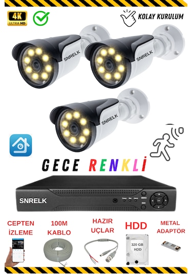 Hama 3 Kameralı 5mp lens 320gb Gece Renkli Su Geçirmez Güvenlik Kamera Seti 5536