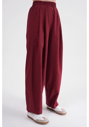 4682 Kadın Beli Lastikli Jogger Bol Keten Pantolon Bordo Bordo