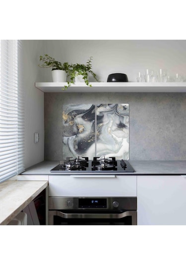 Dekoratif Cam Ocak Koruyucu ve Kesim Tahtası Gri Altın Mermer (60