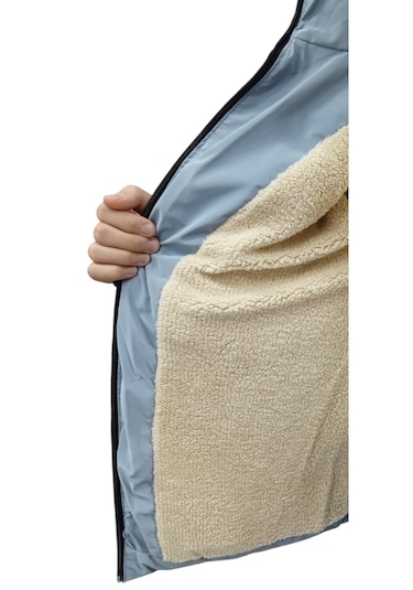 Erkek Çocuk /kız Çocuk Çapraz Fermuar Model Kapüşonu Çıkabilen İçi Peluş Astarlı Buz Mavi Renk Mont Açık Mavi