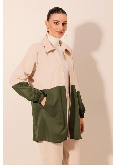 5909 Çift Renkli Mevsimlik Trençkot - Haki haki