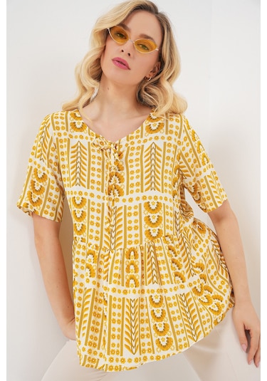 Kadın Desenli Kısa Kol Bluz 969 - Sarı Sari