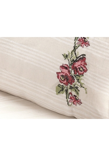 Buldan İşi Kanaviçe Nakışlı Çift Kişilik Nevresim Takımı-Pembe Krem