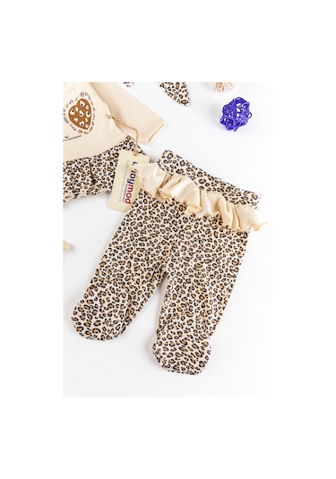 Babymod Leopar Baskılı Kız Bebek Hastane Çıkışı Takımı -  5 Parça Bej