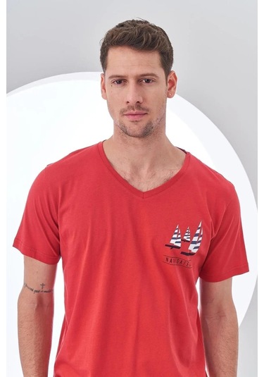Pjs 24307 Erkek Bordo V Yaka Yelken Baskılı Kısa Kol Pijama Takımı Bordo