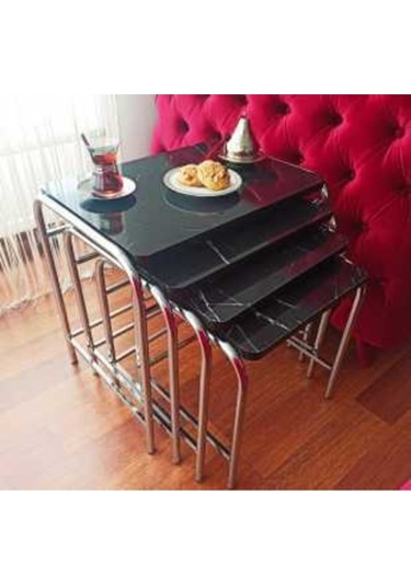 Zigon Sehpa Nikelaj Kaplama Metal Ayaklı Siyah Mermer Desen (540935862)