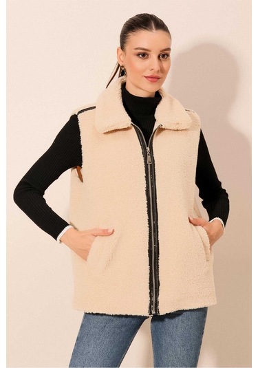 Gabria Fermuarlı Peluş Yelek Krem