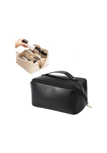 Büyük Kapasiteli Su Geçirmez Çift Katmanlı Vegan Deri Makyaj Çantası Siyah Siyah