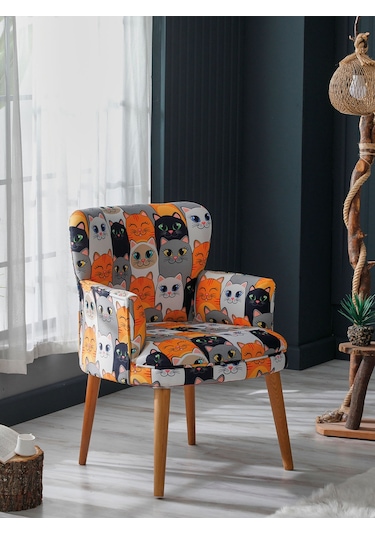 Roma Modern Tekli Koltuk Berjer - Dijital Baskılı Kumaş - Ahşap Ayak - Kedili 1 Kedili - 1