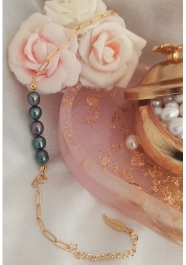 24k Altın Kaplama Gerçek Siyah İnci Kare Zincir Detaylı Tüy Uzatm Gold