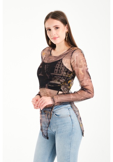 Yırtmaç Detaylı Tül Bluz Yeşil