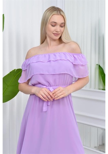 Neşeli Butik Kadın Carmen Yaka Astarlı Şifon Elbise Ry8060 - Lila Lila