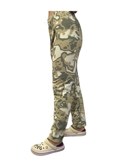 Kadın Desenli Yumuşak Polar Kışlık Pijama Eşofman Tek Alt Haki