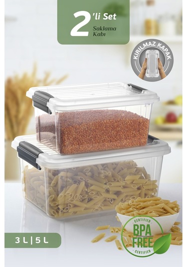 2'li Set Kilit Kapaklı Un Bakliyat Erzak Kabı - Çok Amaçlı Düzenleyici Deterjan Saklama Kutusu 3l-5l Şeffaf