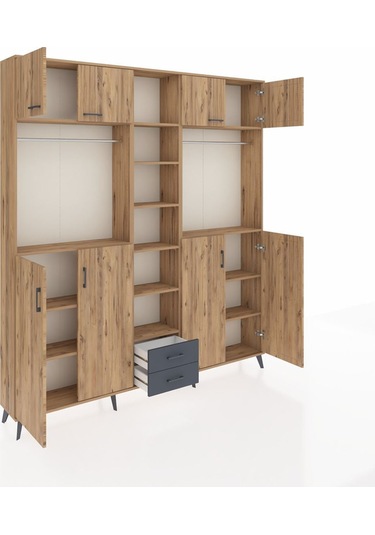 Arges Dolap 14 Raflı 2 Çekmeceli 2 Askılı 220x30x243 Çam-çam/antrasit Atlas Çam/antrasıt
