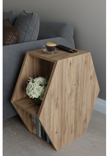 Alpa Ev Mobilya Altıgen Tasarım Yan Sehpa, Modern Koltuk Yanı Ve Dekoratif Kitaplık, Salon Sehpası Beyaz Atlantik Çam