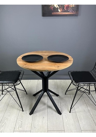 Nisa Ceviz Yuvarlak Mutfak Masası Yemek Masası Balkon Masası Metal Siyah Ayak 70 Cm