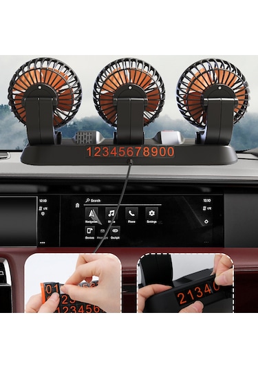 Reedark 12v Araç Fani 3 Lü Çıktı 2 Hızlı 360 Döner Soğutucu Kamyon Minivan Sedan + Park Numarası Kartı