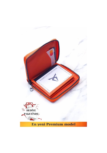 Unisex Vegan Deri Fermuarlı Turuncu Cüzdan Kartlık Ve Portföy Hediye Paketinde Turuncu