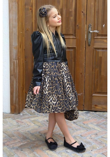 Riccotarz Kız Çocuk Leopar Desenli Siyah Deri Ceketli Elbise 001