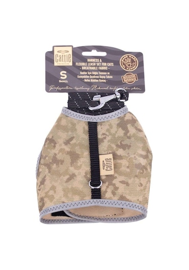 Cattie Havalı Dokuma Kedi Göğüs & Gezdirme Takımı Kamuflaj Small 1x20-30 Cm