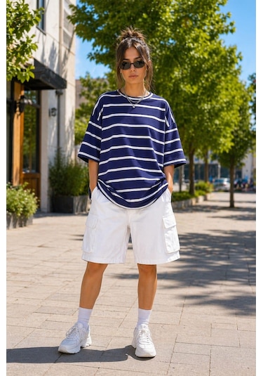 Alexandergardi Alexandergardı Çizgili Oversize T-shirt E23-0046 Lacivert
