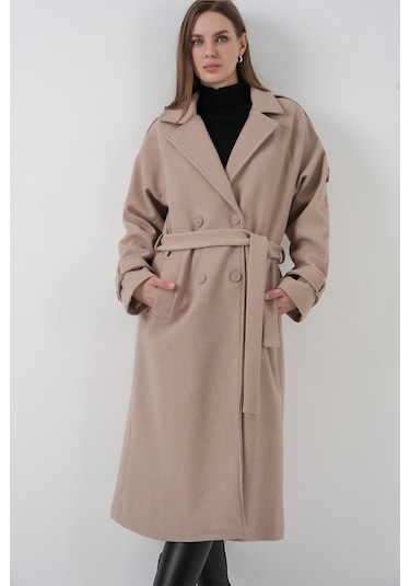 Kadın Kuşaklı Kaşe Kaban 9161 - Bej Bej