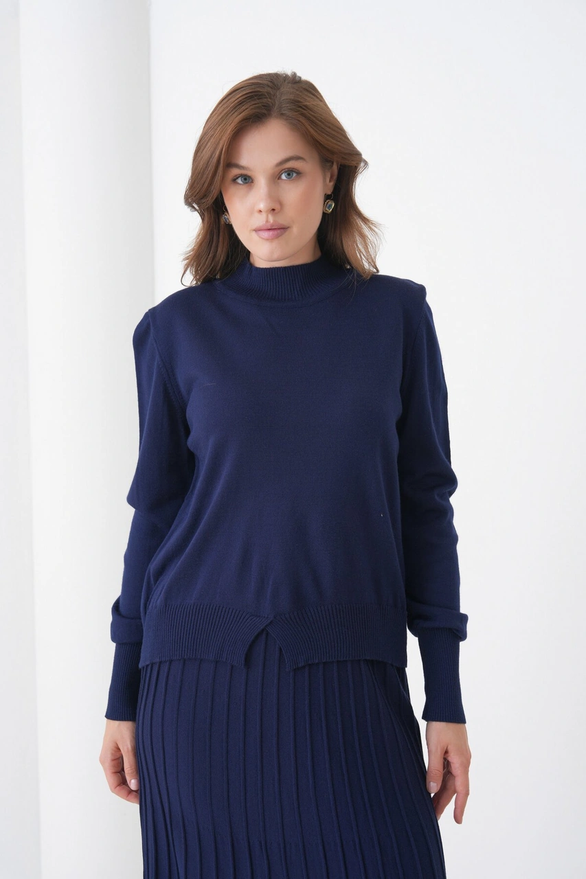 Kadın Pileli Etek Kazağı V Tasarım Tesettüre Uygun Örgü Triko Etek Kazak Takım Lacivert