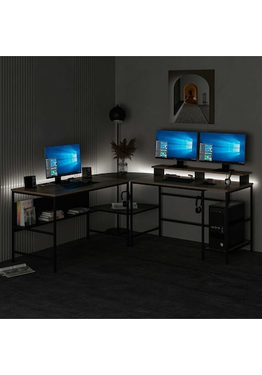 Minar Greta Rgb Led Işıklı L Köşe Çalışma Masası Dore Siyah