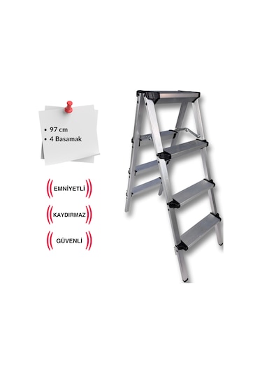 Endokon Geniş Basamaklı Katlanır Alüminyum Merdiven - 4 Basamaklı - Çift Taraflı Merdiven