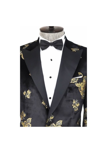 Wessi Gold Çiçek Desenli Parlak Siyah Erkek Smokin Ceket Siyah