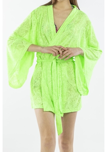 Nicoletta Yeşil Kadın Pareo Kaftan Sabahlık Dantelli Yeşil