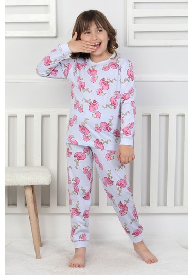 Cute Flamingo Desenli Kız Çocuk Pijama Takımı Mavi
