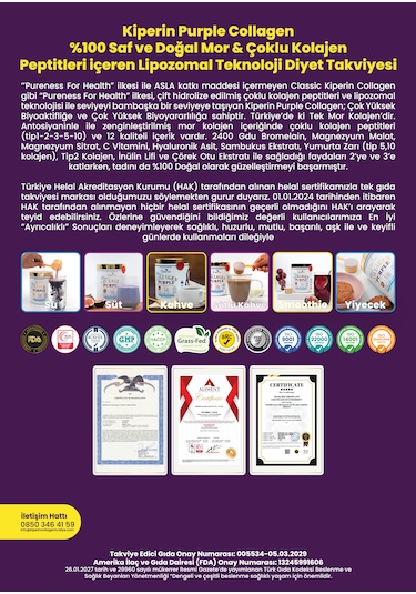Kiperin Purple Çoklu Kolajen Peptitleri içeren Lipozomal Mor Kolajen 576 ﻿﻿ML
