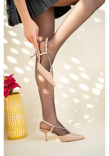 Taş Biyeli Arkası Açık Stiletto Nut-4707 Nude