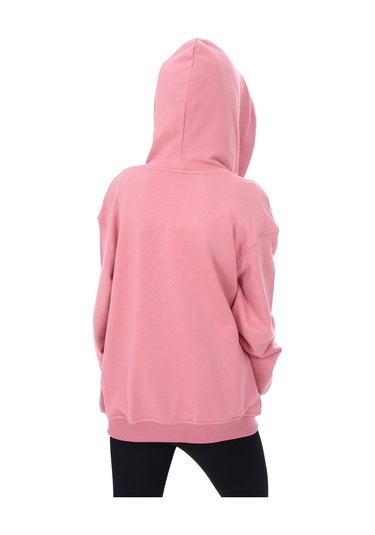 Toontoy Kız Çocuk Kapüşonlu Fermuarlı Cepli Düşük Omuz Nakış Baskılı Örme Hırka - 2 İplik Gül Kurusu