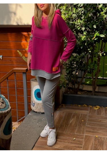 Ge Ticaret Kadın Pembe Kapşonlu Etek Ucu Detay Arma Ters Dikiş Gorunumlu Ikili Takım Pembe
