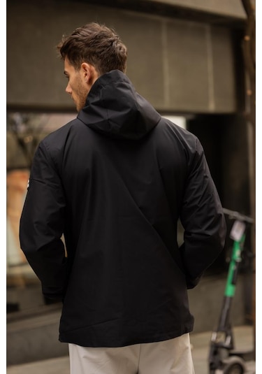 Yeast İçi Astarlı Suya Dayanıklı Kapşonlu Fermuarlı Yağmurluk - Siyah Siyah