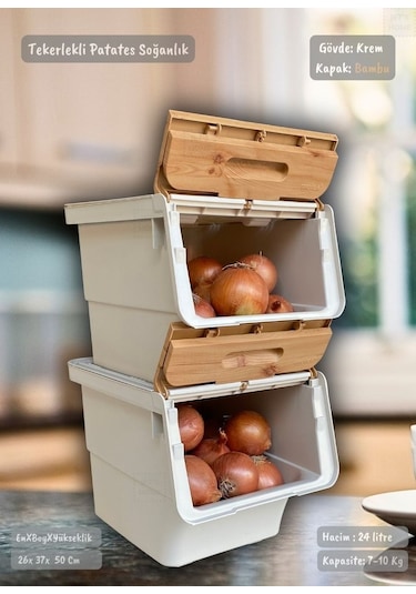 2'li Bambu Patates Soğan Sepeti Tekerlekli Kapaklı Havalandırmalı 24 Litre Sebzelik Organizer